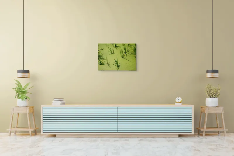 Tablou Canvas, "Frunziș plutitor pe apă liniștită", Iarbă, Apă, Verde, Lumină, Umbră, Natură, Reflecție, Simplitate, Răcoare, Calmitate, 70 x 50 cm – poza 7
