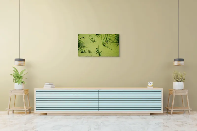 Tablou Canvas, "Frunziș plutitor pe apă liniștită", Iarbă, Apă, Verde, Lumină, Umbră, Natură, Reflecție, Simplitate, Răcoare, Calmitate, 90 x 50 cm – poza 5