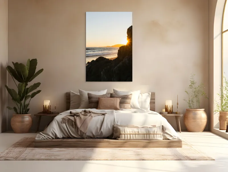 Tablou Canvas, "Apus de soare pe malul mării", Plajă, Apus, Valuri, Rocher, Soare, Orizont, Cer, Lumină, Relaxare, Natură, 100 x 150 cm – poza 3