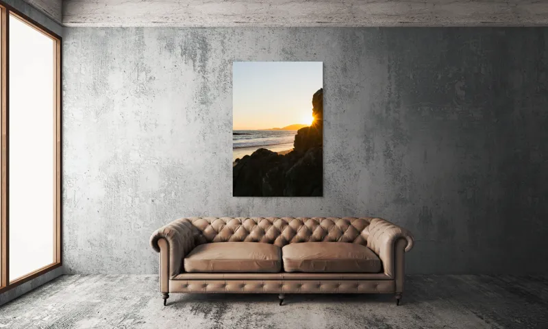 Tablou Canvas, "Apus de soare pe malul mării", Plajă, Apus, Valuri, Rocher, Soare, Orizont, Cer, Lumină, Relaxare, Natură, 100 x 150 cm – poza 6
