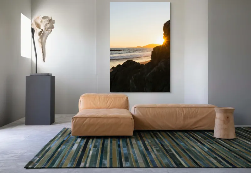 Tablou Canvas, "Apus de soare pe malul mării", Plajă, Apus, Valuri, Rocher, Soare, Orizont, Cer, Lumină, Relaxare, Natură, 100 x 150 cm – poza 7