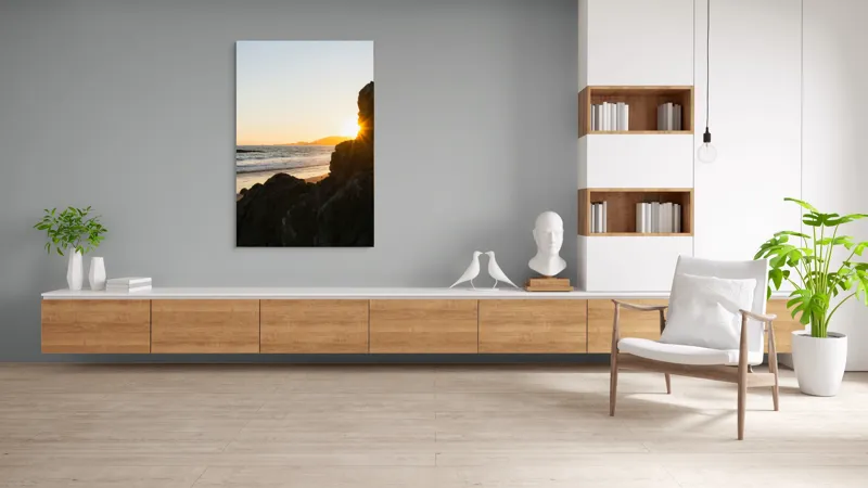 Tablou Canvas, "Apus de soare pe malul mării", Plajă, Apus, Valuri, Rocher, Soare, Orizont, Cer, Lumină, Relaxare, Natură, 100 x 150 cm – poza 8