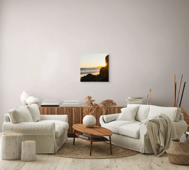 Tablou Canvas, "Apus de soare pe malul mării", Plajă, Apus, Valuri, Rocher, Soare, Orizont, Cer, Lumină, Relaxare, Natură, 50 x 50 cm – poza 7