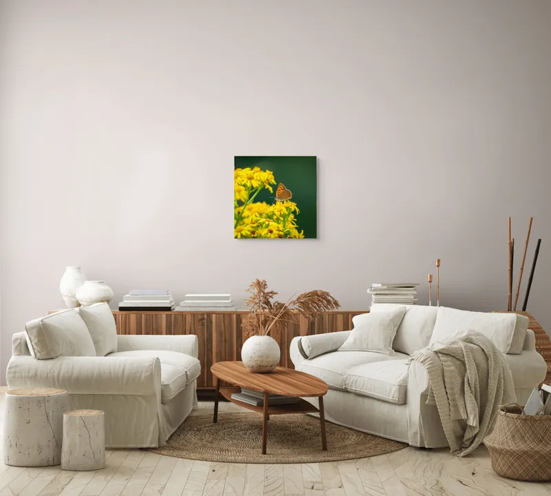 Tablou Canvas, "Fluturele și splendoarea florilor galbene", Fluturi, Flori, Galben, Verde, Fragilitate, Frumusețe, Contraste, Delicatețe, Naturalețe, Echilibru, 50 x 50 cm – poza 7