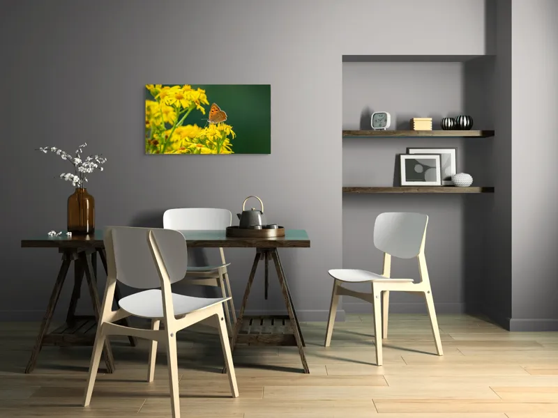Tablou Canvas, "Fluturele și splendoarea florilor galbene", Fluturi, Flori, Galben, Verde, Fragilitate, Frumusețe, Contraste, Delicatețe, Naturalețe, Echilibru, 90 x 50 cm – poza 3