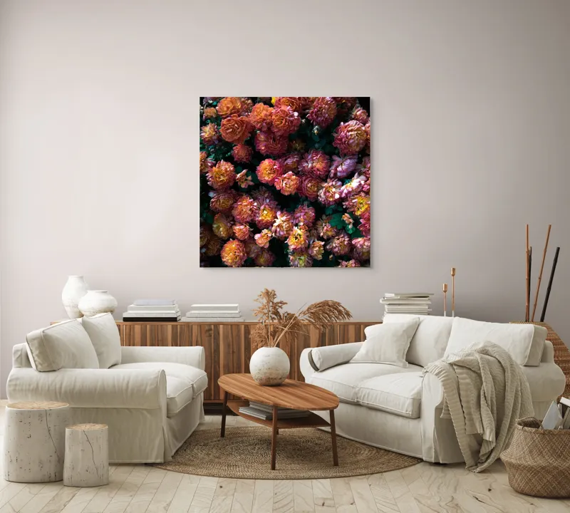Tablou Canvas, "Abundență de crizanteme solare", Flori, Portocalii, Bogate, Texturate, Luminoase, Frunze, Grădină, Naturale, Petale, Colorate, 100 x 100 cm – poza 3