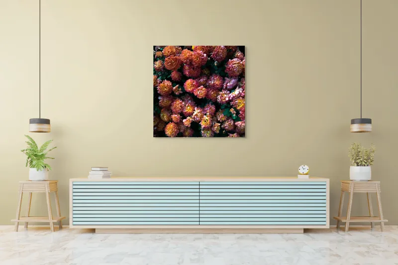 Tablou Canvas, "Abundență de crizanteme solare", Flori, Portocalii, Bogate, Texturate, Luminoase, Frunze, Grădină, Naturale, Petale, Colorate, 100 x 100 cm – poza 5