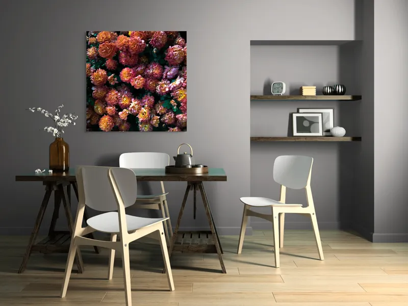 Tablou Canvas, "Abundență de crizanteme solare", Flori, Portocalii, Bogate, Texturate, Luminoase, Frunze, Grădină, Naturale, Petale, Colorate, 100 x 100 cm – poza 6