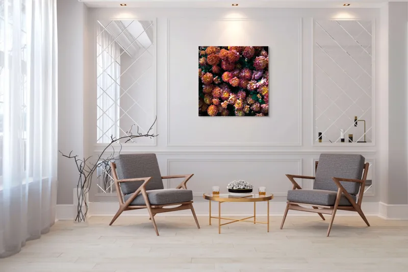 Tablou Canvas, "Abundență de crizanteme solare", Flori, Portocalii, Bogate, Texturate, Luminoase, Frunze, Grădină, Naturale, Petale, Colorate, 100 x 100 cm – poza 7