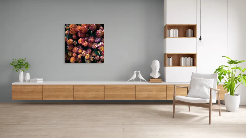 Tablou Canvas, "Abundență de crizanteme solare", Flori, Portocalii, Bogate, Texturate, Luminoase, Frunze, Grădină, Naturale, Petale, Colorate, 100 x 100 cm – poza 8