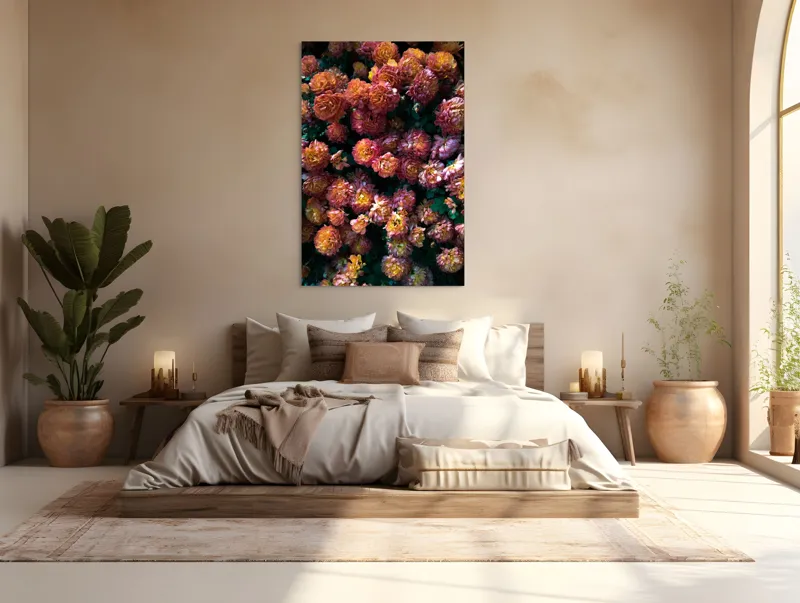 Tablou Canvas, "Abundență de crizanteme solare", Flori, Portocalii, Bogate, Texturate, Luminoase, Frunze, Grădină, Naturale, Petale, Colorate, 100 x 150 cm – poza 3