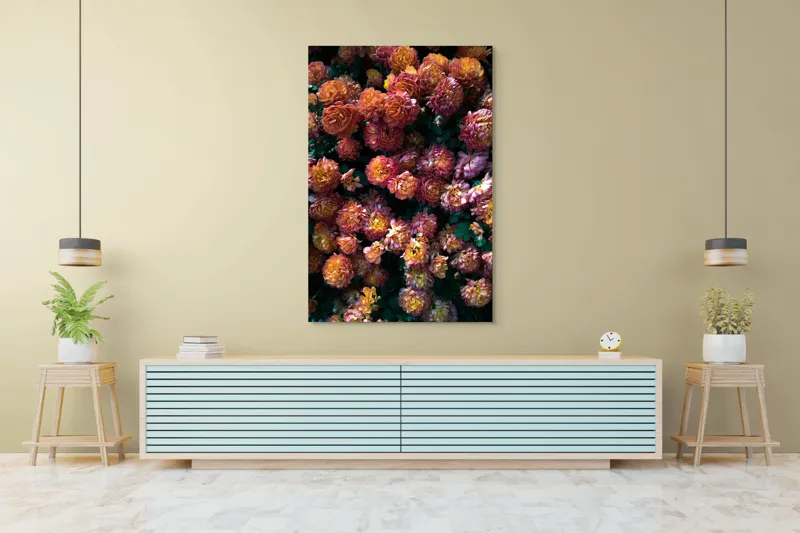 Tablou Canvas, "Abundență de crizanteme solare", Flori, Portocalii, Bogate, Texturate, Luminoase, Frunze, Grădină, Naturale, Petale, Colorate, 100 x 150 cm – poza 4