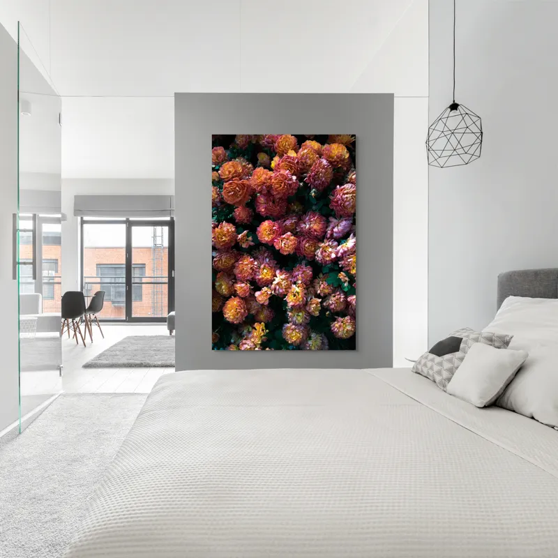 Tablou Canvas, "Abundență de crizanteme solare", Flori, Portocalii, Bogate, Texturate, Luminoase, Frunze, Grădină, Naturale, Petale, Colorate, 100 x 150 cm – poza 5