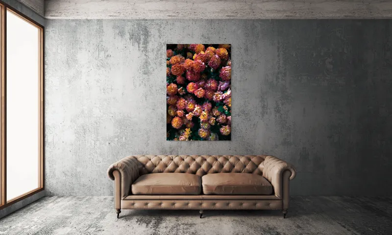 Tablou Canvas, "Abundență de crizanteme solare", Flori, Portocalii, Bogate, Texturate, Luminoase, Frunze, Grădină, Naturale, Petale, Colorate, 100 x 150 cm – poza 6