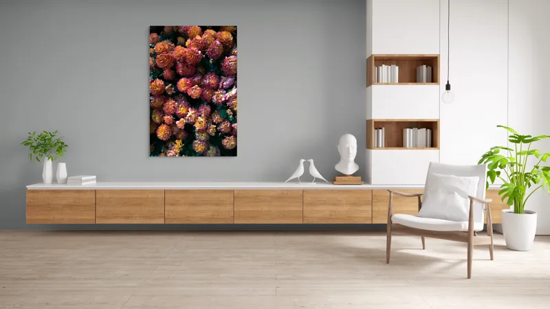 Tablou Canvas, "Abundență de crizanteme solare", Flori, Portocalii, Bogate, Texturate, Luminoase, Frunze, Grădină, Naturale, Petale, Colorate, 100 x 150 cm – poza 8