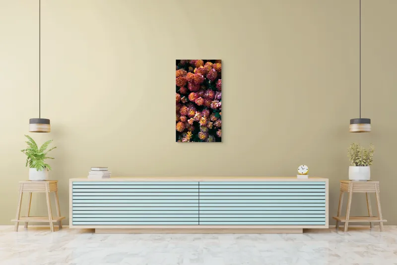 Tablou Canvas, "Abundență de crizanteme solare", Flori, Portocalii, Bogate, Texturate, Luminoase, Frunze, Grădină, Naturale, Petale, Colorate, 50 x 90 cm – poza 6