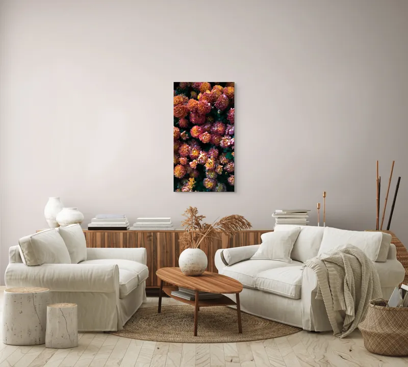 Tablou Canvas, "Abundență de crizanteme solare", Flori, Portocalii, Bogate, Texturate, Luminoase, Frunze, Grădină, Naturale, Petale, Colorate, 50 x 90 cm – poza 7