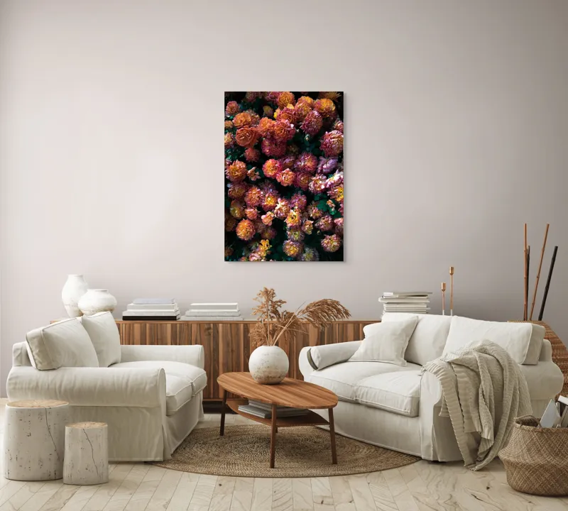 Tablou Canvas, "Abundență de crizanteme solare", Flori, Portocalii, Bogate, Texturate, Luminoase, Frunze, Grădină, Naturale, Petale, Colorate, 70 x 100 cm – poza 4
