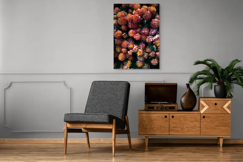 Tablou Canvas, "Abundență de crizanteme solare", Flori, Portocalii, Bogate, Texturate, Luminoase, Frunze, Grădină, Naturale, Petale, Colorate, 70 x 100 cm – poza 6