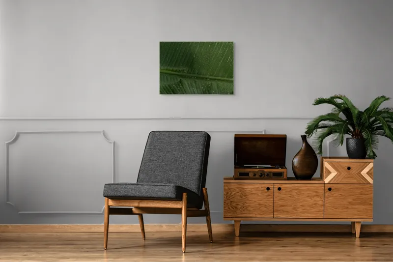 Tablou Canvas, "Picături de ploaie pe frunză verde", Frunze, Verde, Picături, Natură, Textură, Umiditate, Prim-plan, Plante, Proaspăt, Răcoare, 70 x 50 cm – poza 4