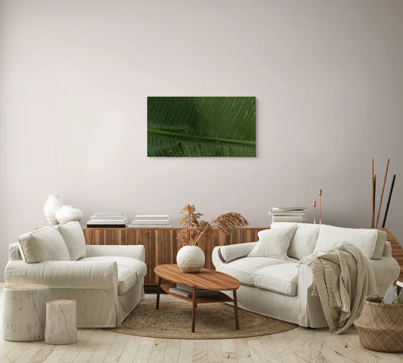 Tablou Canvas, "Picături de ploaie pe frunză verde", Frunze, Verde, Picături, Natură, Textură, Umiditate, Prim-plan, Plante, Proaspăt, Răcoare, 90 x 50 cm – poza 4