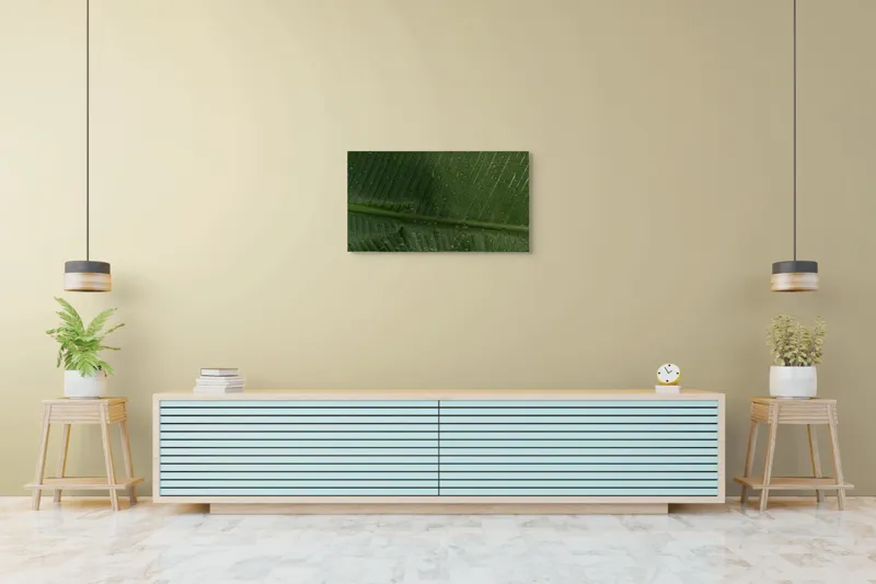 Tablou Canvas, "Picături de ploaie pe frunză verde", Frunze, Verde, Picături, Natură, Textură, Umiditate, Prim-plan, Plante, Proaspăt, Răcoare, 90 x 50 cm – poza 5