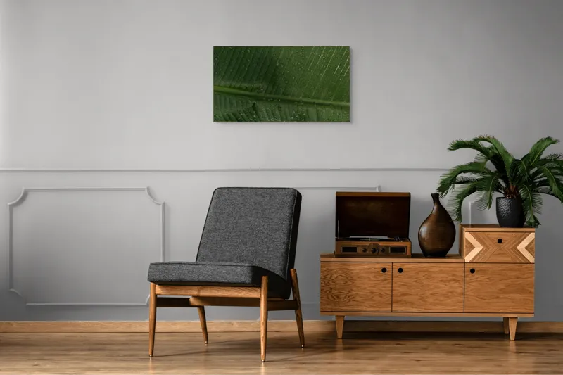 Tablou Canvas, "Picături de ploaie pe frunză verde", Frunze, Verde, Picături, Natură, Textură, Umiditate, Prim-plan, Plante, Proaspăt, Răcoare, 90 x 50 cm – poza 6