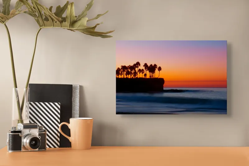 Tablou Canvas pe tema Apus tropical și oceanul cu palmieri, 39 x 26 cm – poza 3