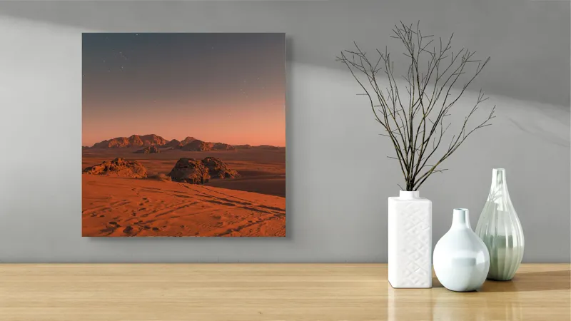 Tablou Canvas Peisaj Deșert Tăcut Apus Soare Stele Cer Dune Roci, 50 x 50 cm – poza 3