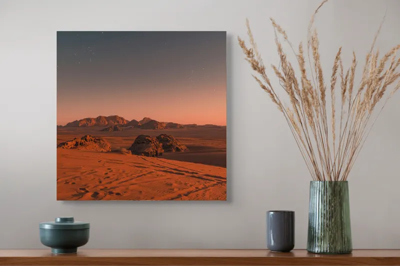 Tablou Canvas Peisaj Deșert Tăcut Apus Soare Stele Cer Dune Roci, 50 x 50 cm – poza 4
