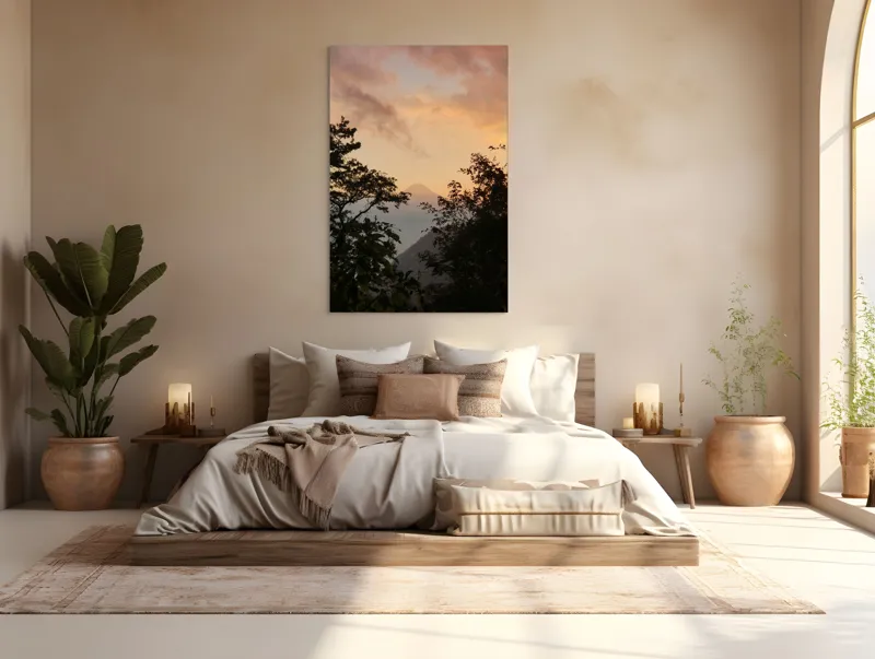 Tablou Canvas, "Muntele magic la asfințit vechi.", Munte, Apus, Siluete, Copaci, Cer, Norii, Peisaj, Lumină, Natură, Liniște, 100 x 150 cm – poza 3