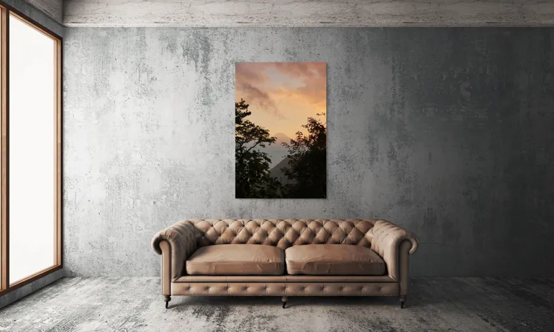 Tablou Canvas, "Muntele magic la asfințit vechi.", Munte, Apus, Siluete, Copaci, Cer, Norii, Peisaj, Lumină, Natură, Liniște, 100 x 150 cm – poza 6