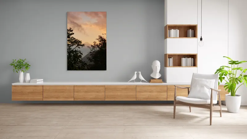 Tablou Canvas, "Muntele magic la asfințit vechi.", Munte, Apus, Siluete, Copaci, Cer, Norii, Peisaj, Lumină, Natură, Liniște, 100 x 150 cm – poza 8