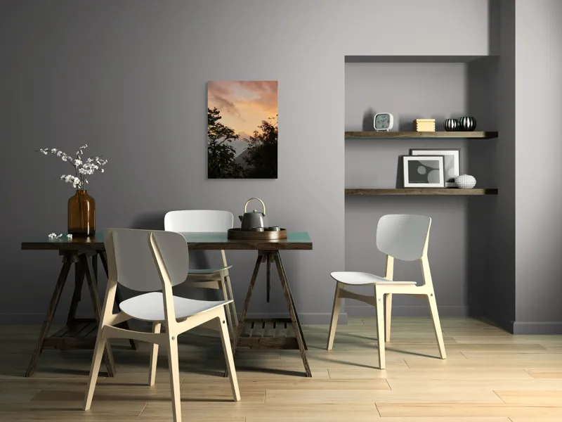 Tablou Canvas, "Muntele magic la asfințit vechi.", Munte, Apus, Siluete, Copaci, Cer, Norii, Peisaj, Lumină, Natură, Liniște, 50 x 70 cm – poza 5