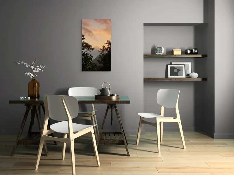 Tablou Canvas, "Muntele magic la asfințit vechi.", Munte, Apus, Siluete, Copaci, Cer, Norii, Peisaj, Lumină, Natură, Liniște, 50 x 90 cm – poza 4