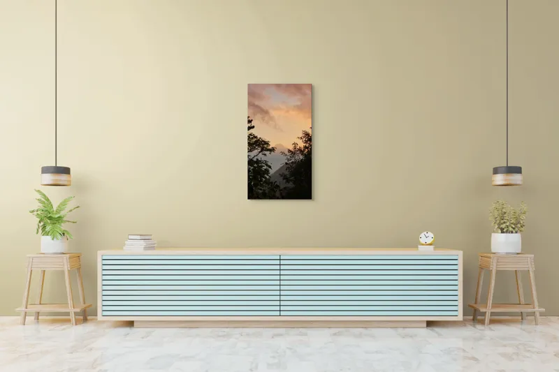Tablou Canvas, "Muntele magic la asfințit vechi.", Munte, Apus, Siluete, Copaci, Cer, Norii, Peisaj, Lumină, Natură, Liniște, 50 x 90 cm – poza 6