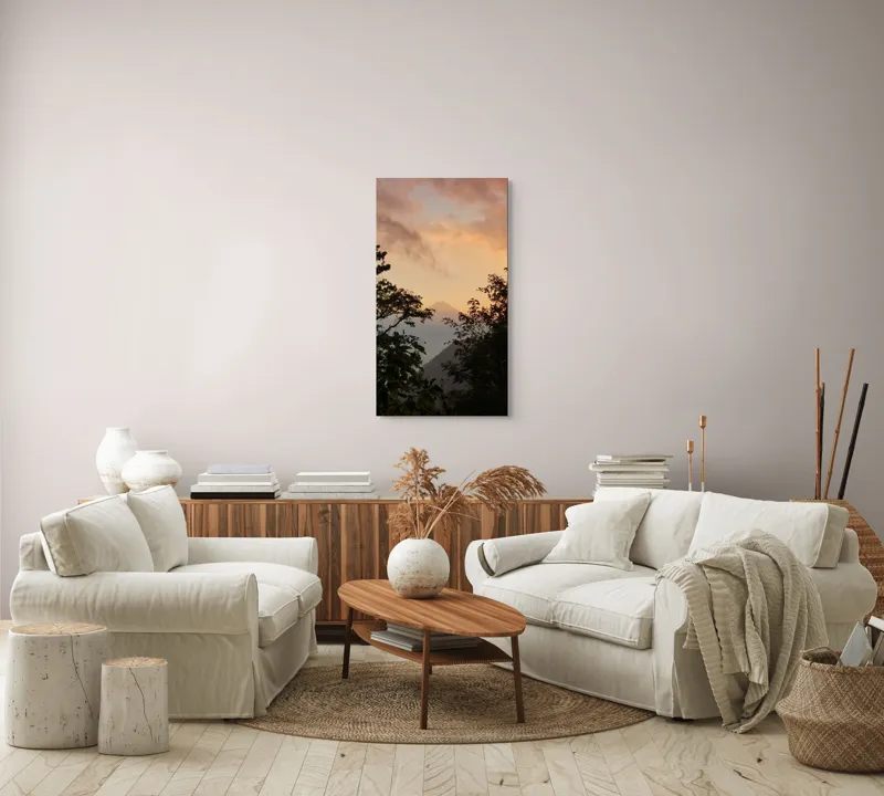 Tablou Canvas, "Muntele magic la asfințit vechi.", Munte, Apus, Siluete, Copaci, Cer, Norii, Peisaj, Lumină, Natură, Liniște, 50 x 90 cm – poza 7