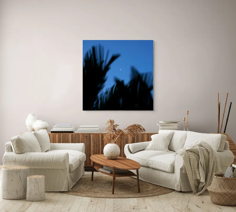 Tablou Canvas, "Luna și frunzele umbre ale serii", Lună, Serenitate, Siluete, Frunziș, Nocturnă, Blândețe, Cer, Crepuscul, 100 x 100 cm – poza 3