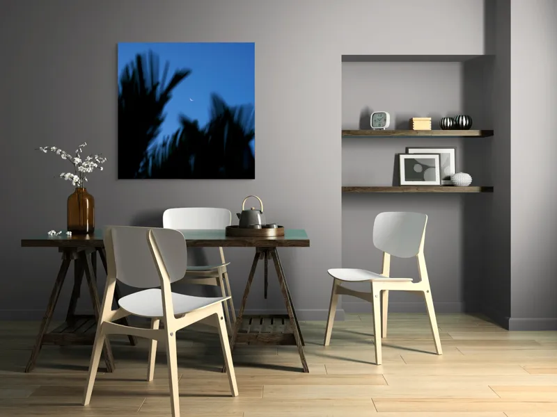 Tablou Canvas, "Luna și frunzele umbre ale serii", Lună, Serenitate, Siluete, Frunziș, Nocturnă, Blândețe, Cer, Crepuscul, 100 x 100 cm – poza 6