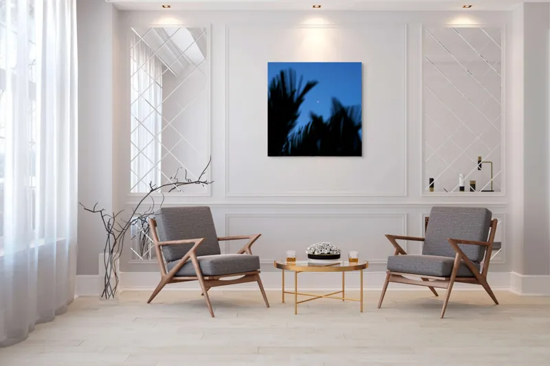 Tablou Canvas, "Luna și frunzele umbre ale serii", Lună, Serenitate, Siluete, Frunziș, Nocturnă, Blândețe, Cer, Crepuscul, 100 x 100 cm – poza 7