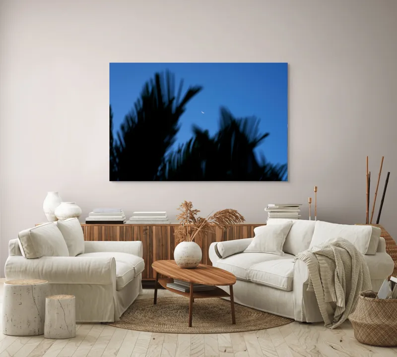 Tablou Canvas, "Luna și frunzele umbre ale serii", Lună, Serenitate, Siluete, Frunziș, Nocturnă, Blândețe, Cer, Crepuscul, 150 x 100 cm – poza 3