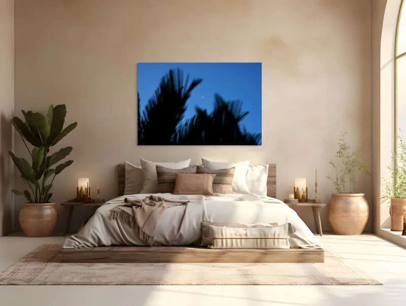 Tablou Canvas, "Luna și frunzele umbre ale serii", Lună, Serenitate, Siluete, Frunziș, Nocturnă, Blândețe, Cer, Crepuscul, 150 x 100 cm – poza 4