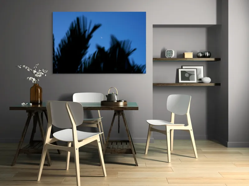 Tablou Canvas, "Luna și frunzele umbre ale serii", Lună, Serenitate, Siluete, Frunziș, Nocturnă, Blândețe, Cer, Crepuscul, 150 x 100 cm – poza 5