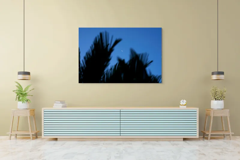 Tablou Canvas, "Luna și frunzele umbre ale serii", Lună, Serenitate, Siluete, Frunziș, Nocturnă, Blândețe, Cer, Crepuscul, 150 x 100 cm – poza 6