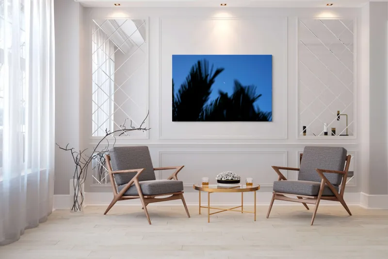 Tablou Canvas, "Luna și frunzele umbre ale serii", Lună, Serenitate, Siluete, Frunziș, Nocturnă, Blândețe, Cer, Crepuscul, 150 x 100 cm – poza 7