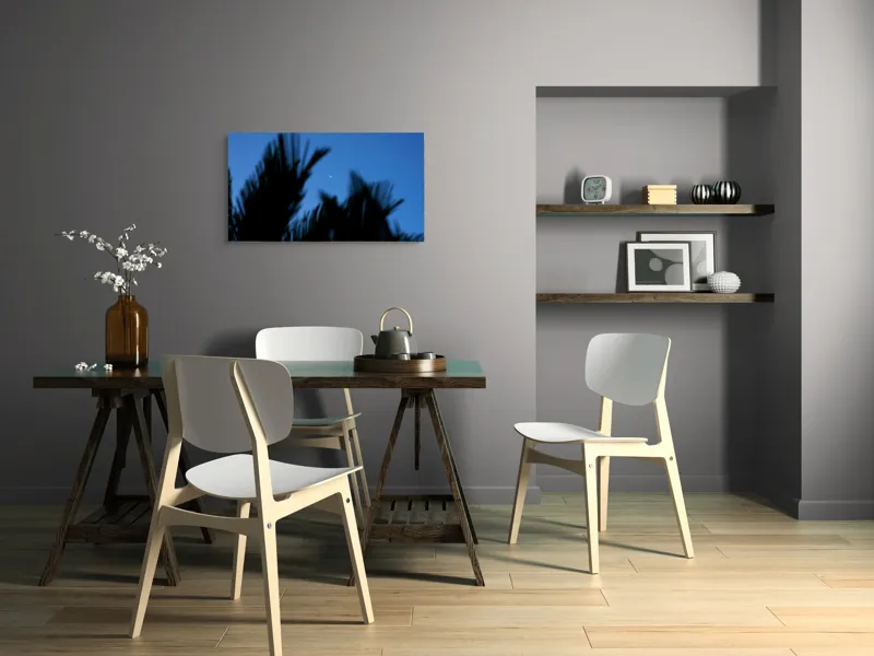 Tablou Canvas, "Luna și frunzele umbre ale serii", Lună, Serenitate, Siluete, Frunziș, Nocturnă, Blândețe, Cer, Crepuscul, 90 x 50 cm – poza 3