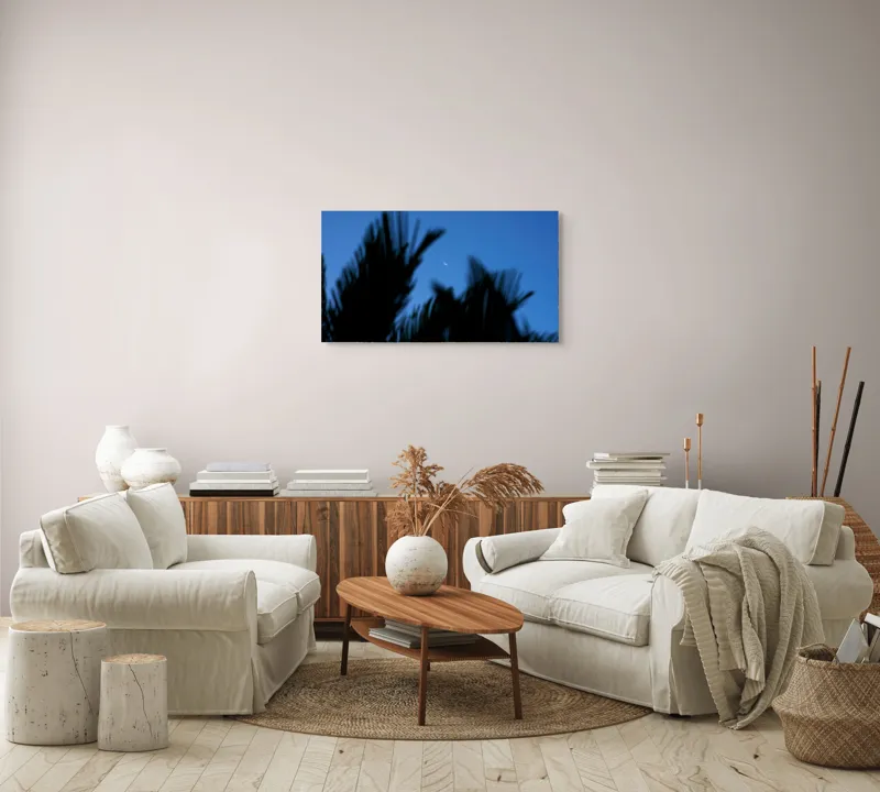 Tablou Canvas, "Luna și frunzele umbre ale serii", Lună, Serenitate, Siluete, Frunziș, Nocturnă, Blândețe, Cer, Crepuscul, 90 x 50 cm – poza 4