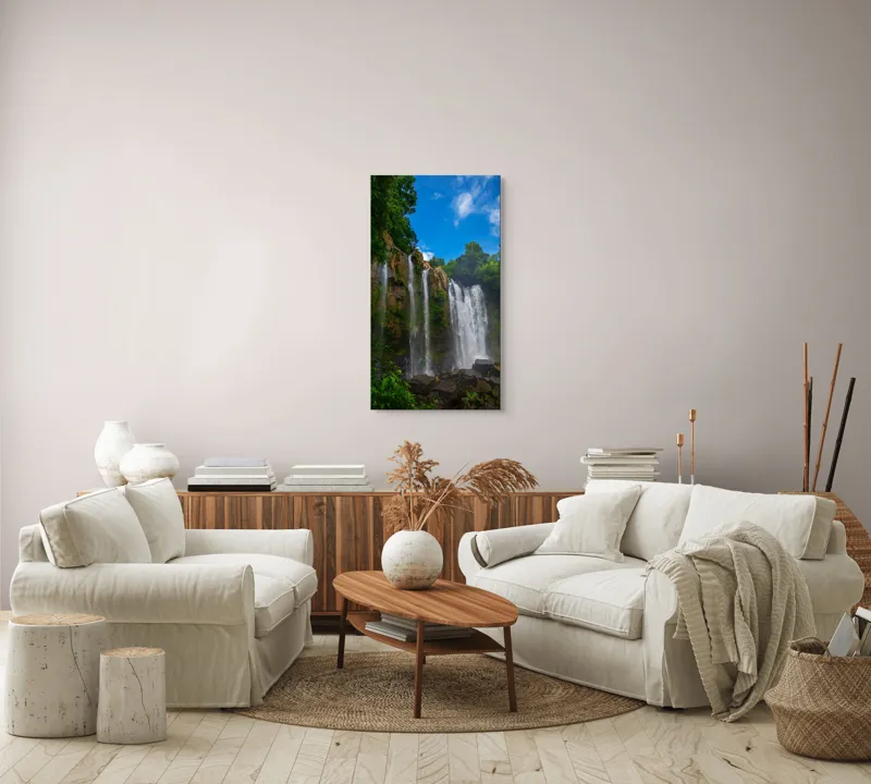 Tablou Canvas, "Cascada și cerul senin de vară", Cascadă, Vegetație, Cer, Stânci, Apă, Natură, Lumină, Aer Curat, Verdeață, Pădure., 50 x 90 cm – poza 7