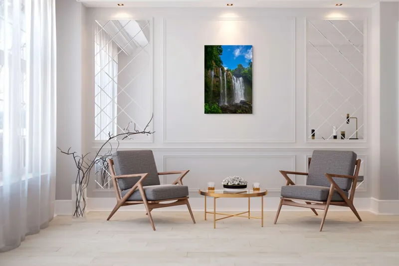 Tablou Canvas, "Cascada și cerul senin de vară", Cascadă, Vegetație, Cer, Stânci, Apă, Natură, Lumină, Aer Curat, Verdeață, Pădure., 70 x 100 cm – poza 8