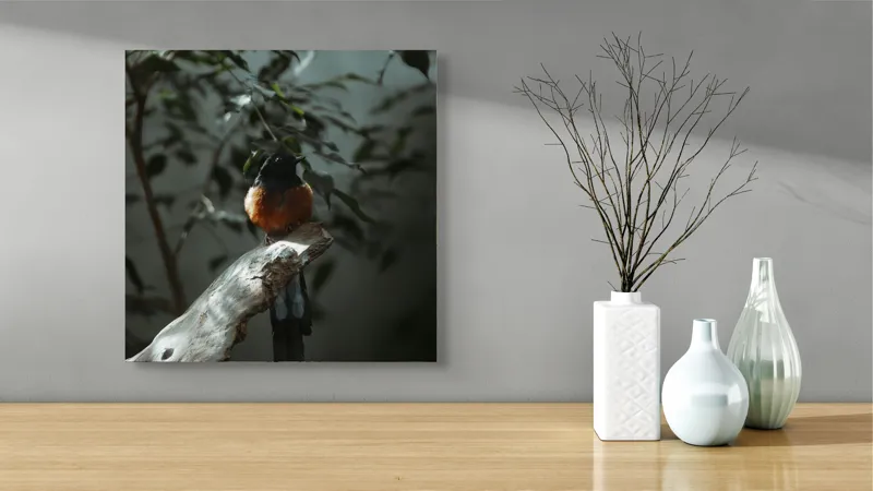 Tablou Canvas, "Pasărea sub umbra frunzelor verde-închis", Pasăre, Ramură, Frunziș, Lumină, Umbre, Natură, Serenitate, 50 x 50 cm – poza 3